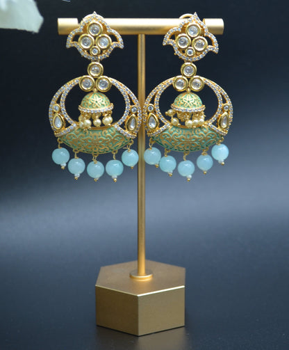 Meenakri Tyaani Ad Chandbali Earrings. Auqa Blue Earrings