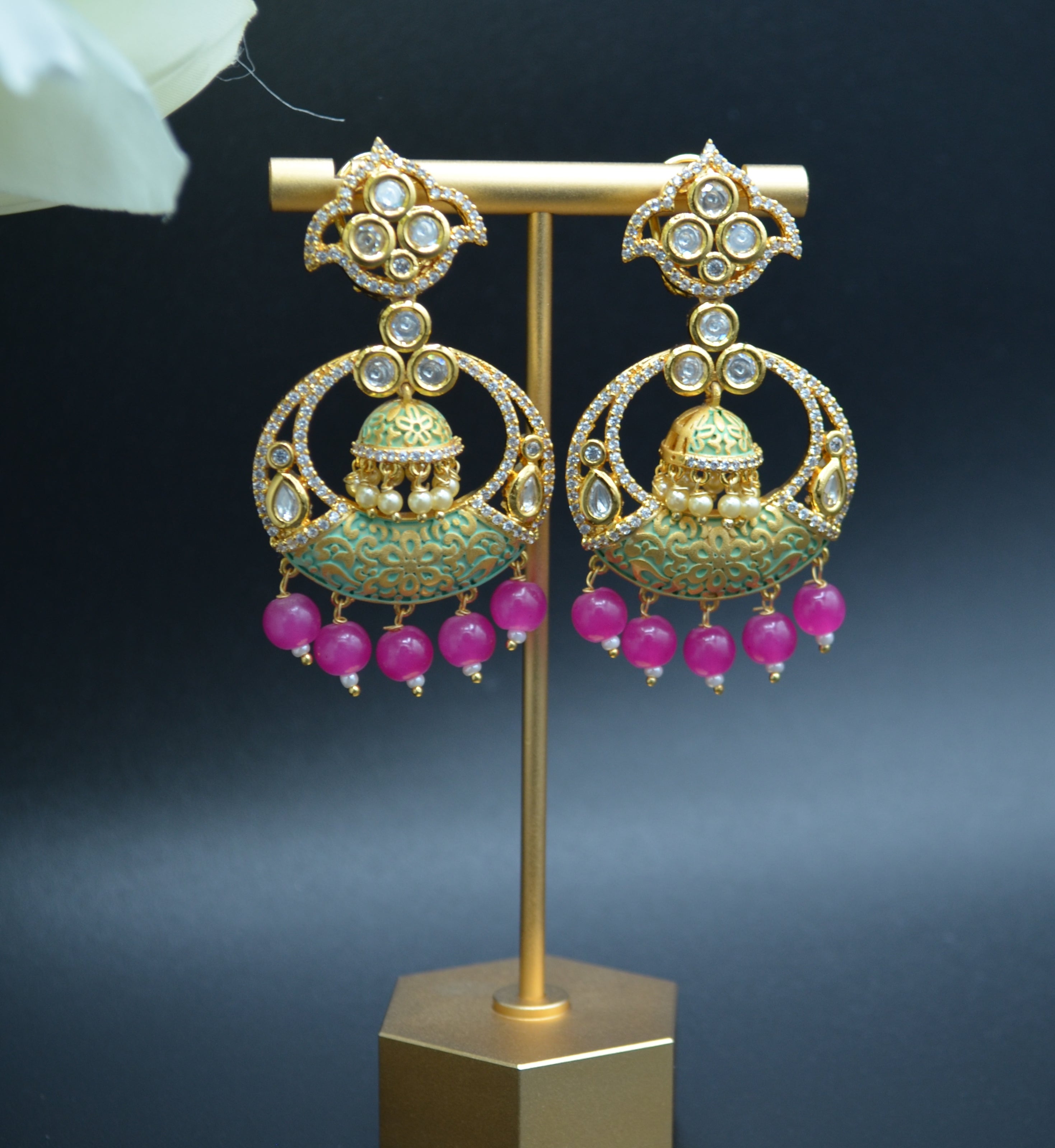 Meenakri Tyaani Ad Chandbali Earrings. Rani Pink Earrings