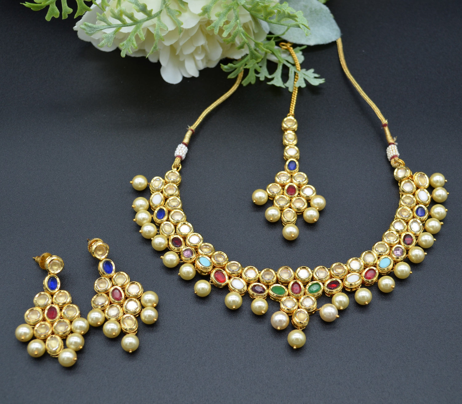 Amira Navratan Uncut Kundan Choker Necklace Set With Tikka Necklaces