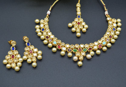 Amira Navratan Uncut Kundan Choker Necklace Set With Tikka Necklaces