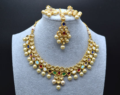 Amira Navratan Uncut Kundan Choker Necklace Set With Tikka Necklaces