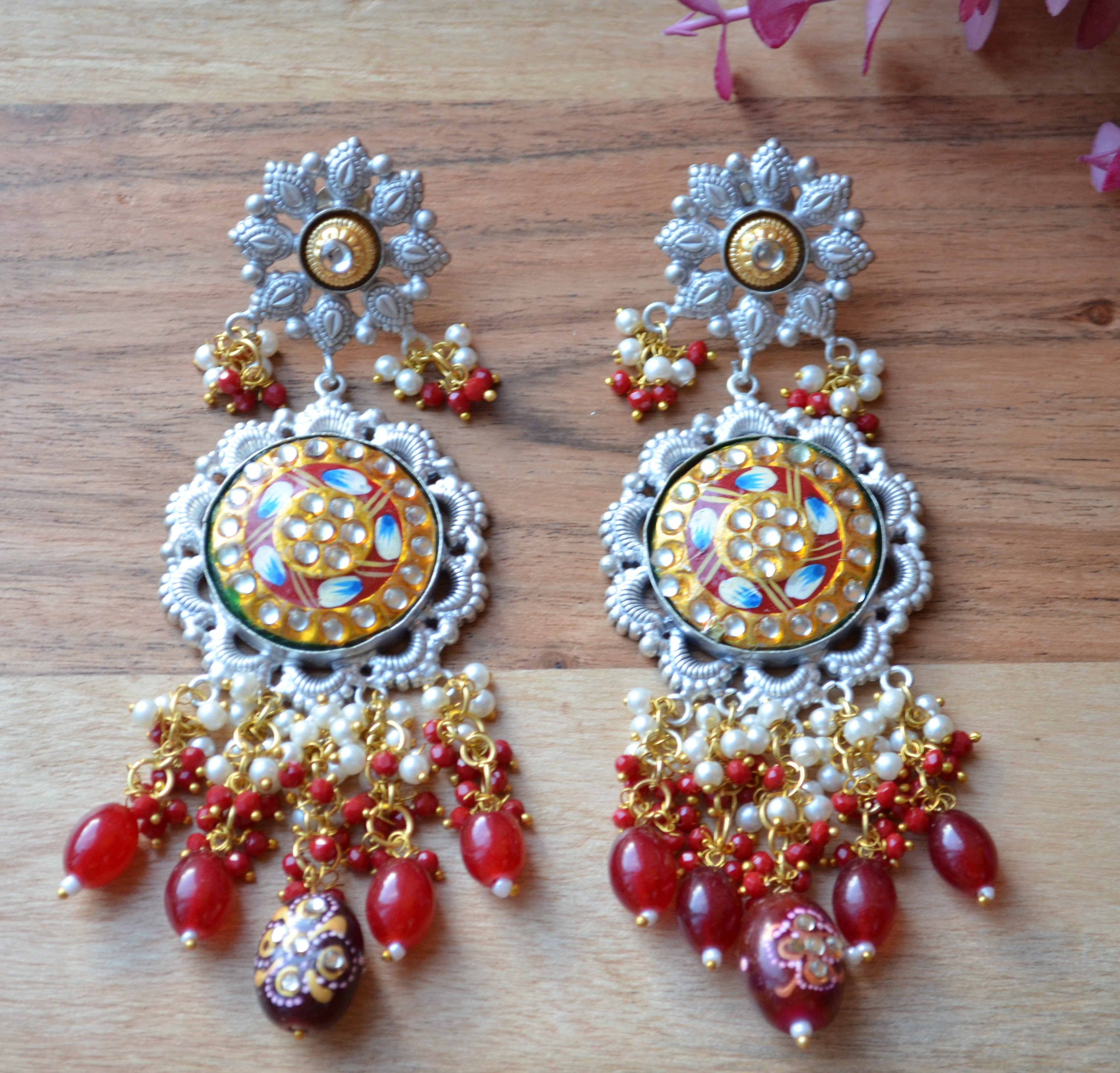 Meenakari 92.5 Silver Coated Big Statement Earrings