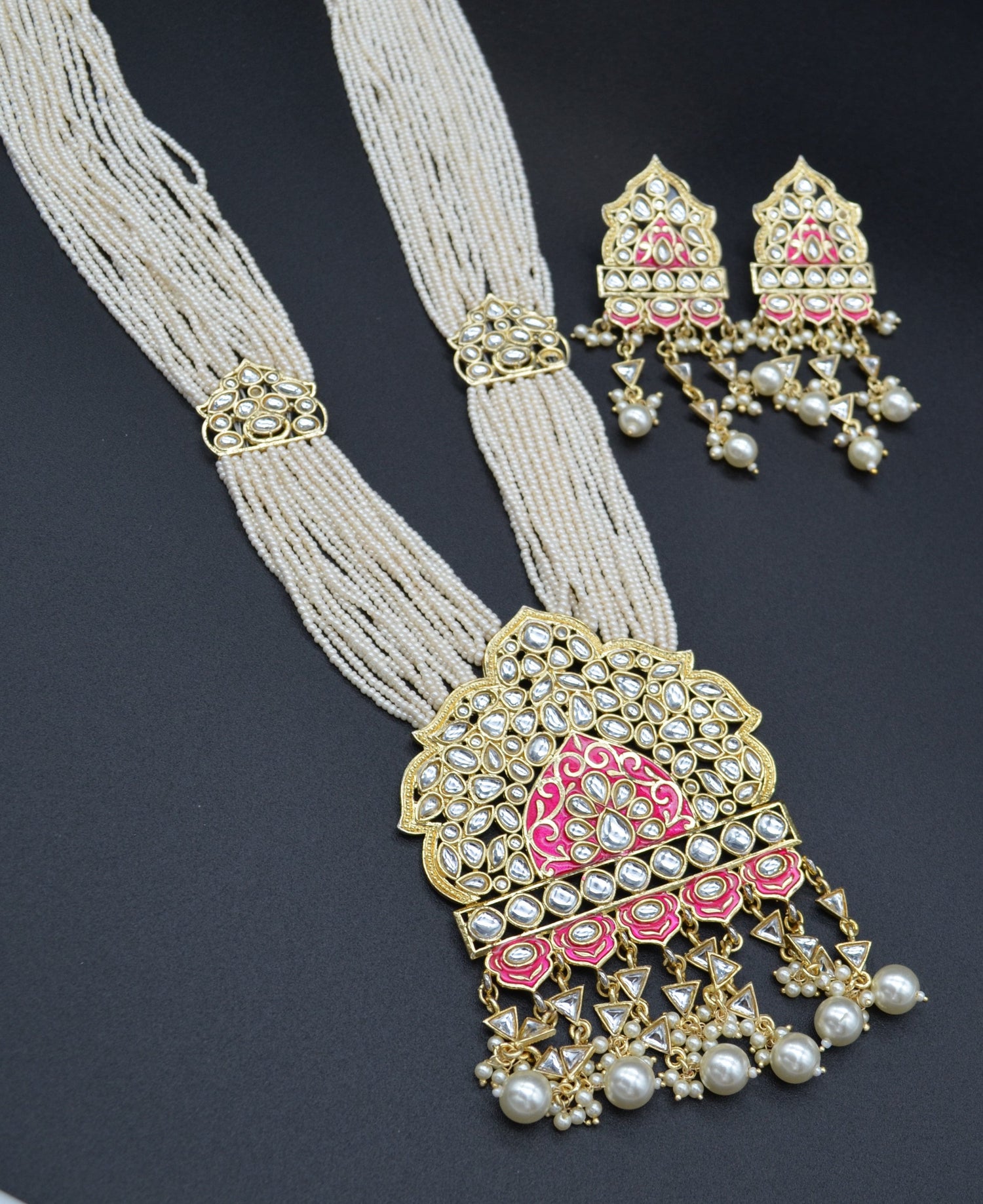 Foiled Kundan Meenakari Centre Pendant Necklace Set Necklaces