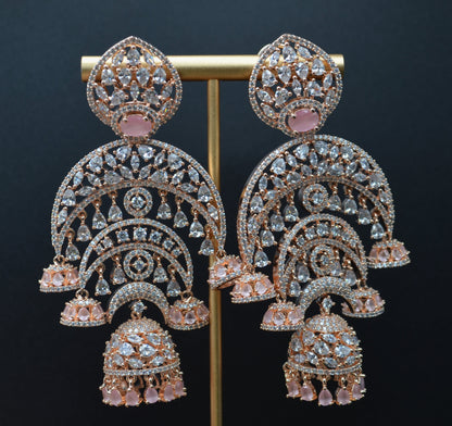 Saraf Chandelier Jhumkis Cz Long Earrings Pink