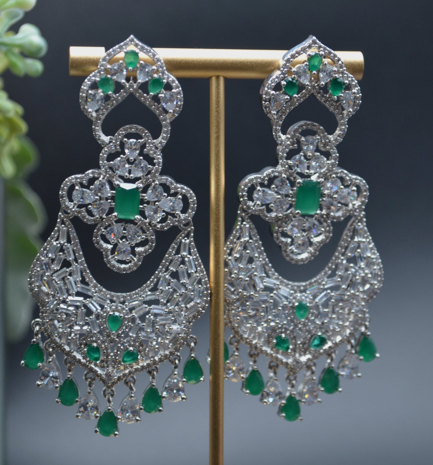 Statement American Diamonds &amp; Baguette Stone Earrings With Monalisa Stones