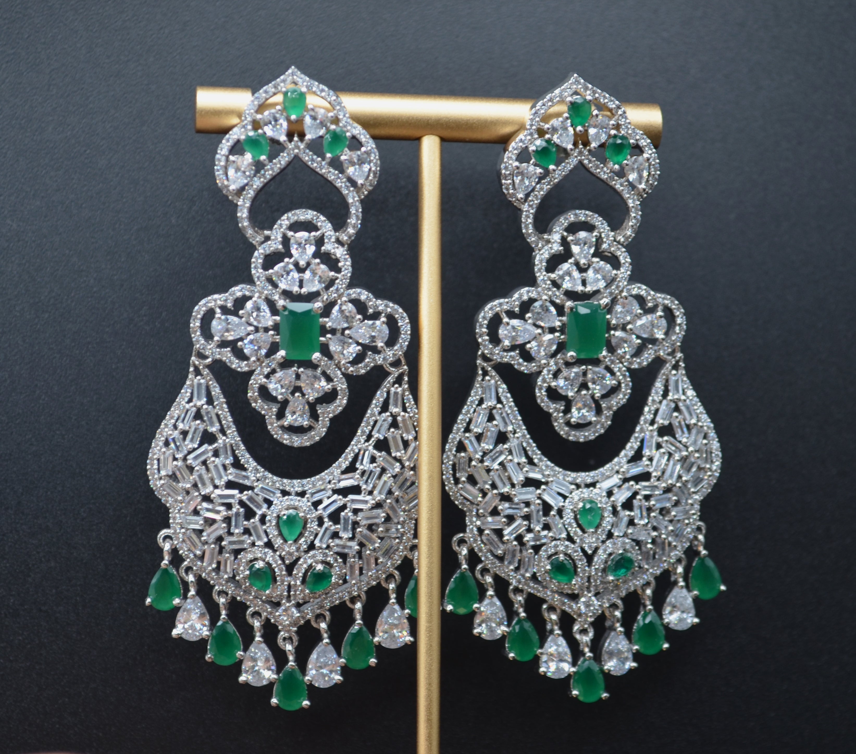 Statement American Diamonds &amp; Baguette Stone Earrings With Monalisa Stones Green