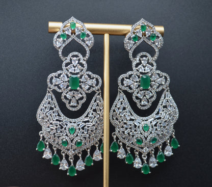 Statement American Diamonds &amp; Baguette Stone Earrings With Monalisa Stones Green