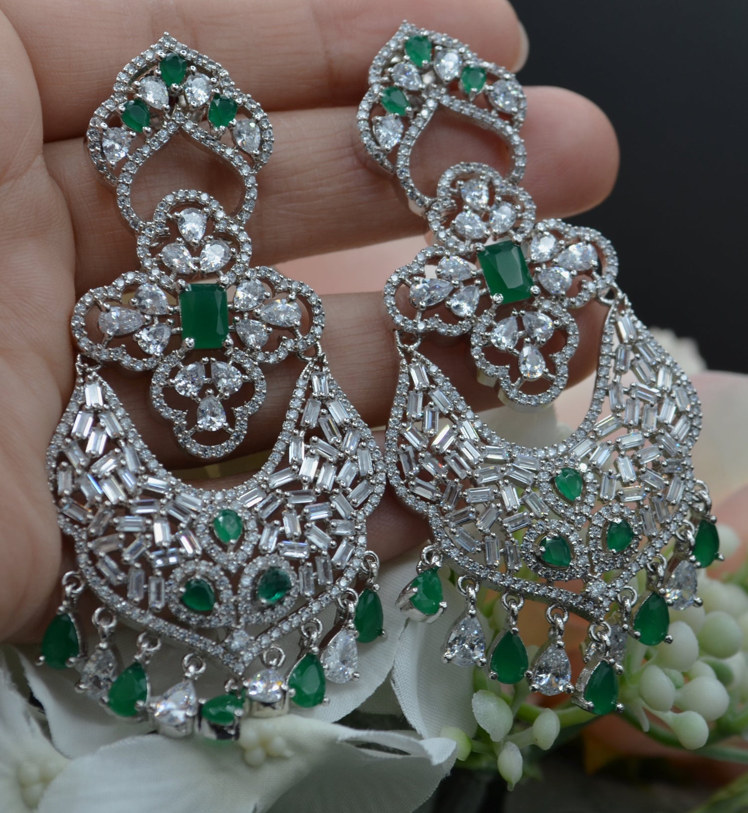 Statement American Diamonds &amp; Baguette Stone Earrings With Monalisa Stones