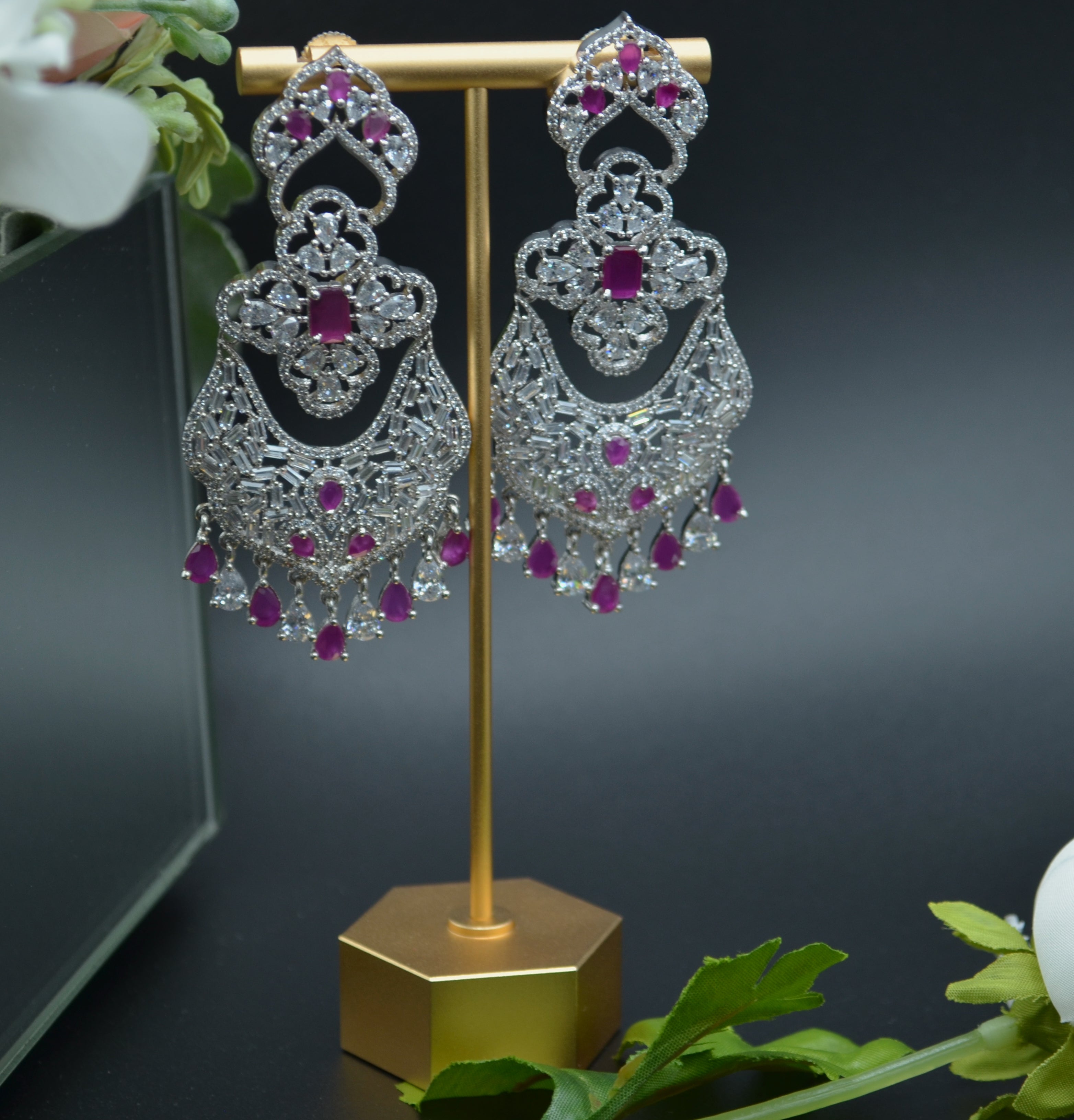 Statement American Diamonds &amp; Baguette Stone Earrings With Monalisa Stones