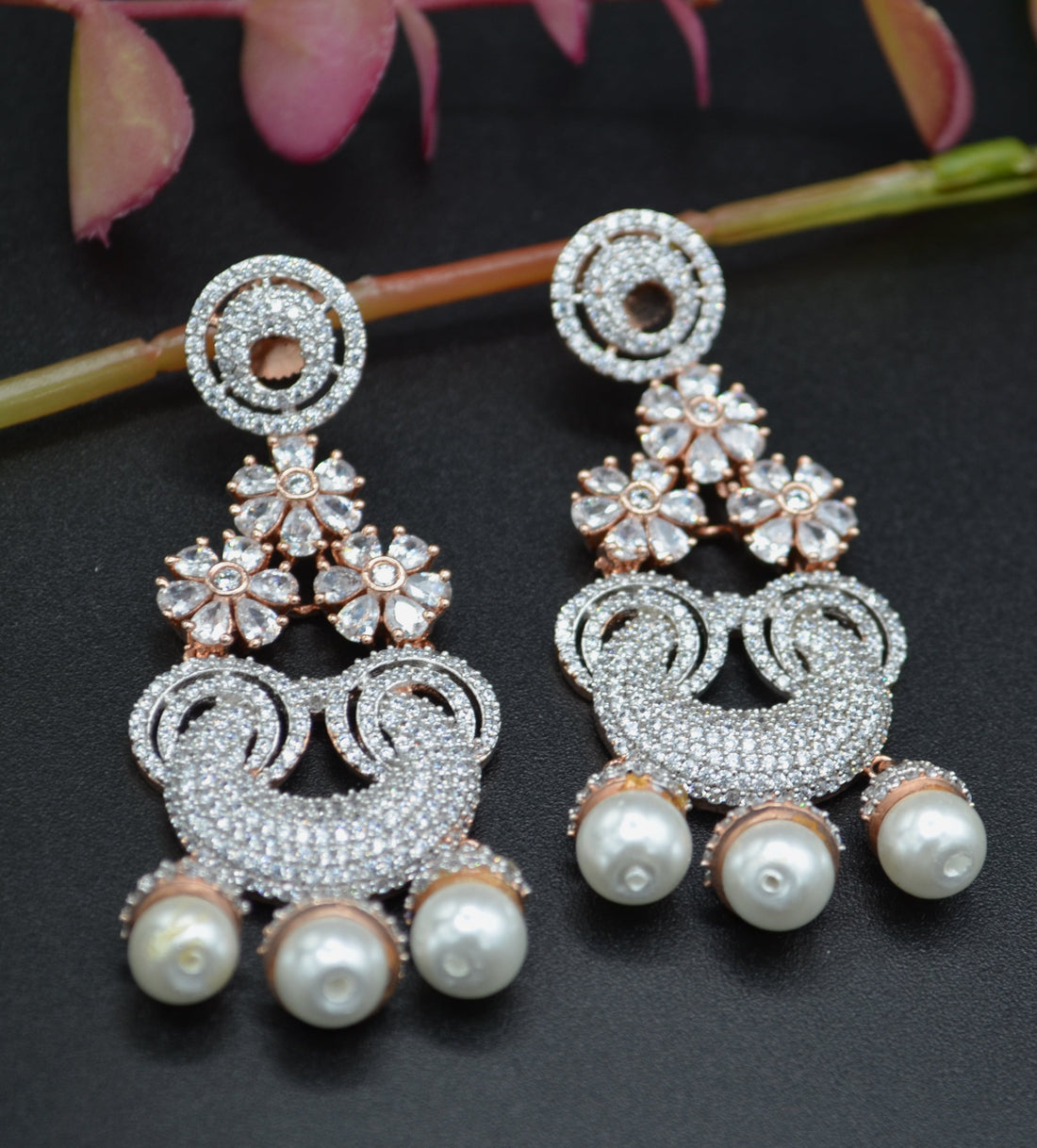 Flower Dangler Cz Earrings With Pearl Drops