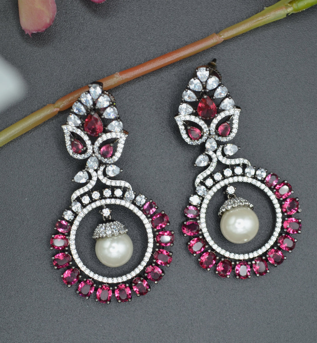 American Diamond Monalisa Stone Earrings With Pearl Drop