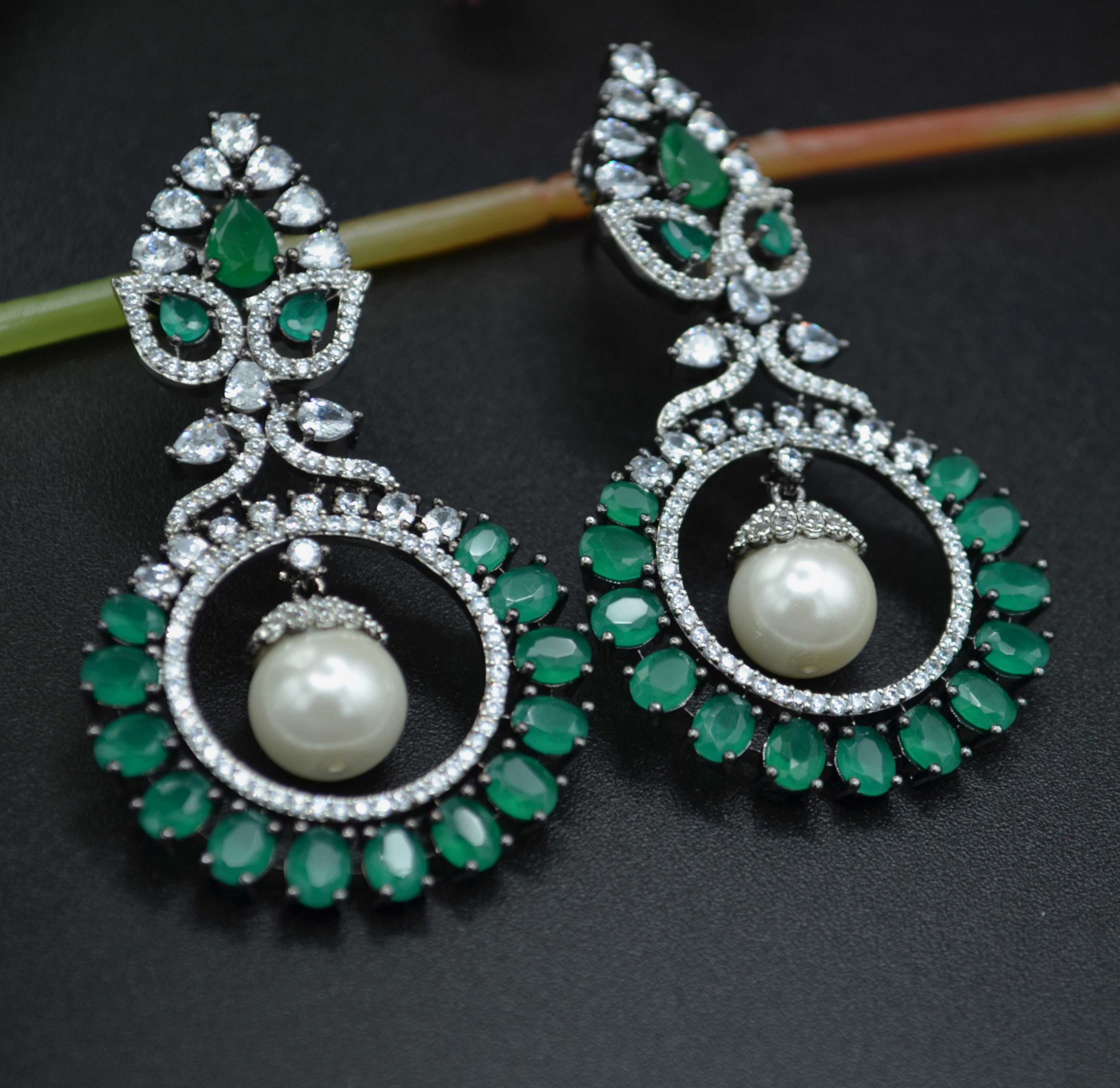 American Diamond Monalisa Stone Earrings With Pearl Drop