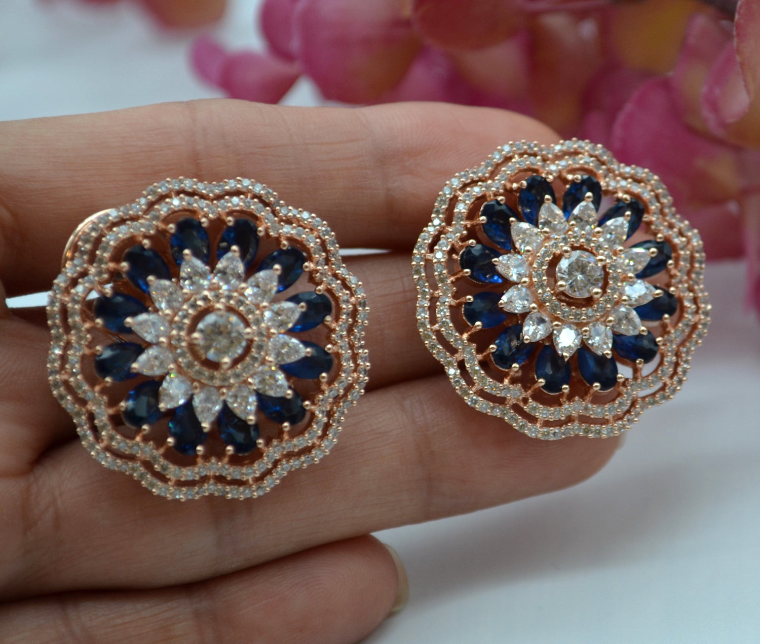 Gulsa Flower Cz Studded Studs With Monalisa Stones Earrings