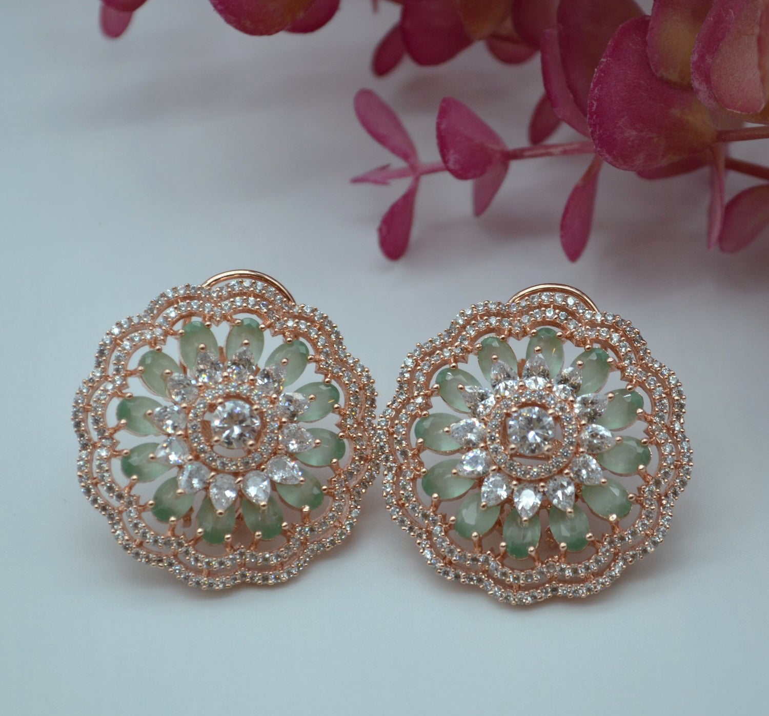 Gulsa Flower Cz Studded Studs With Monalisa Stones Pastel Green Earrings