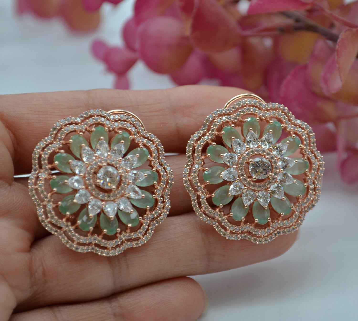 Gulsa Flower Cz Studded Studs With Monalisa Stones Earrings