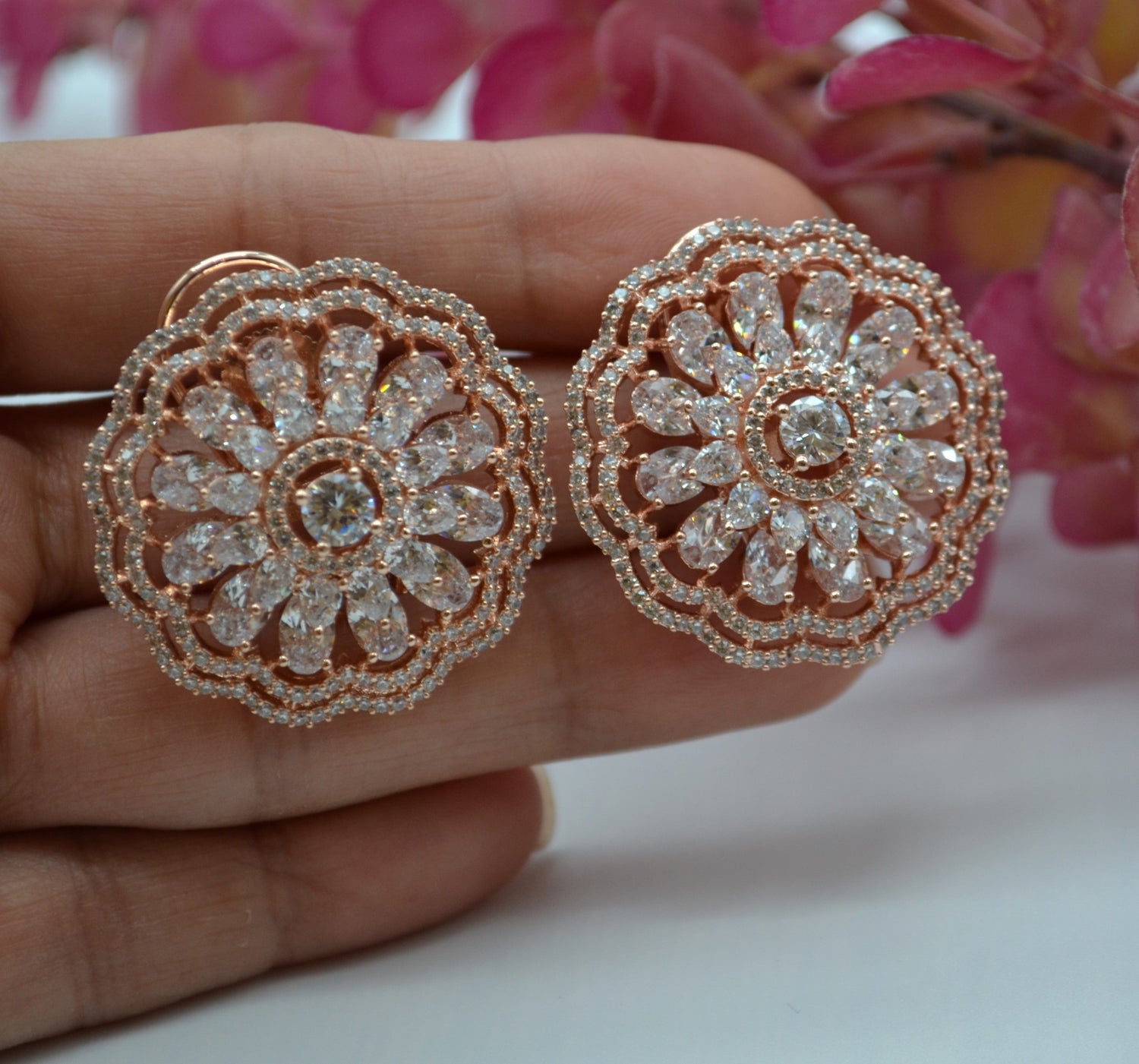 Gulsa Flower Cz Studded Studs With Monalisa Stones Earrings