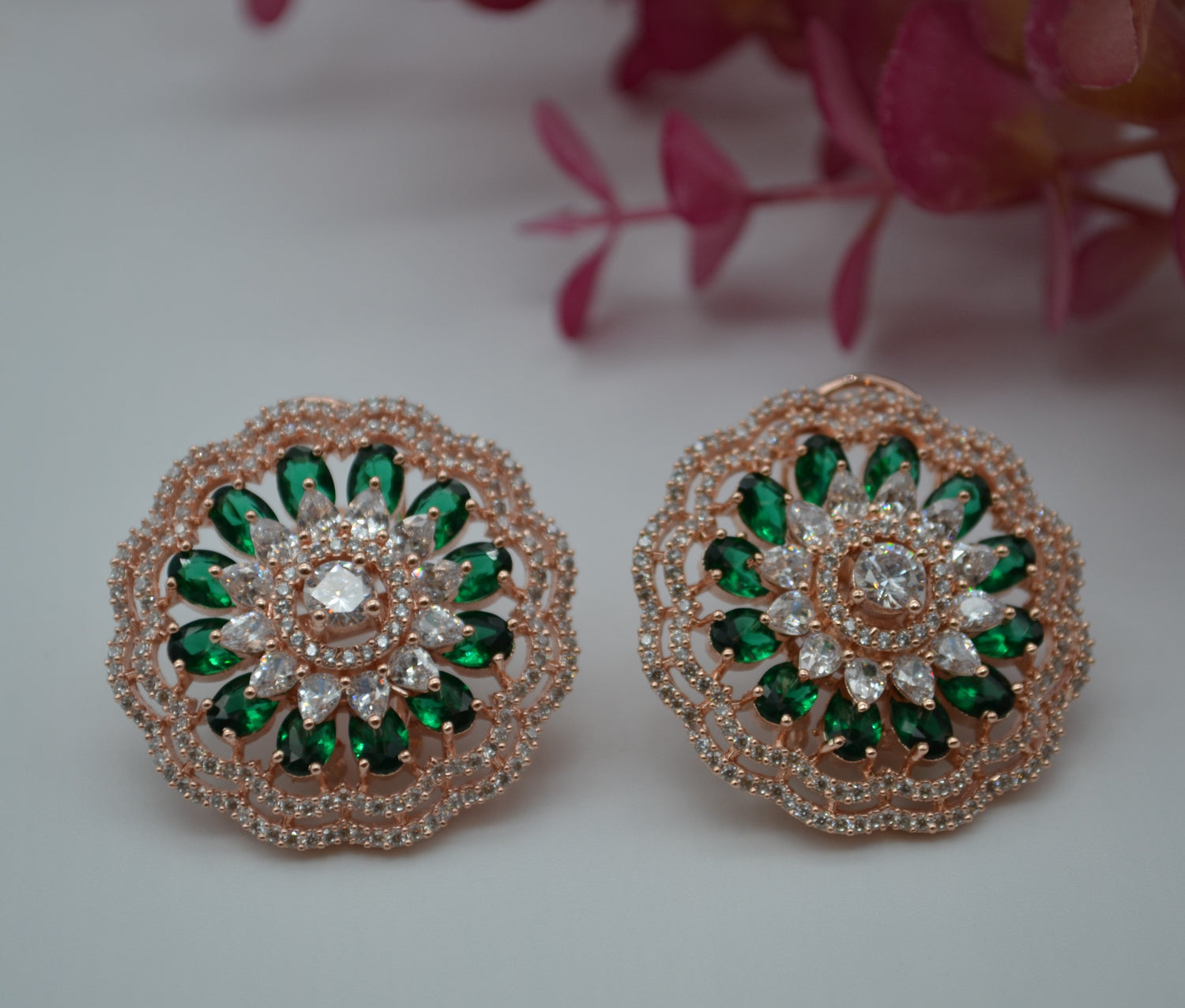 Gulsa Flower Cz Studded Studs With Monalisa Stones Green Earrings