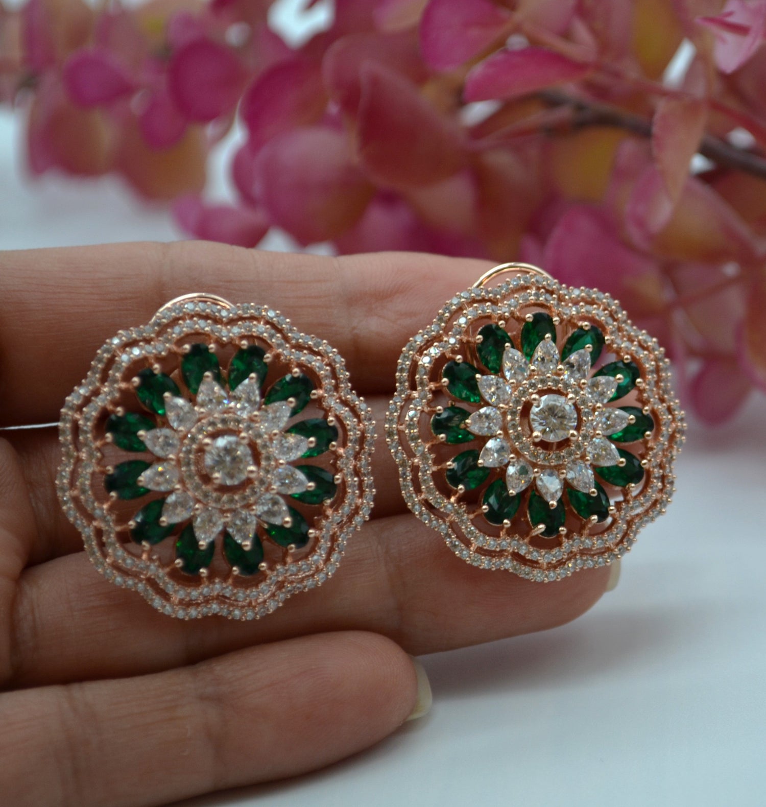 Gulsa Flower Cz Studded Studs With Monalisa Stones Earrings