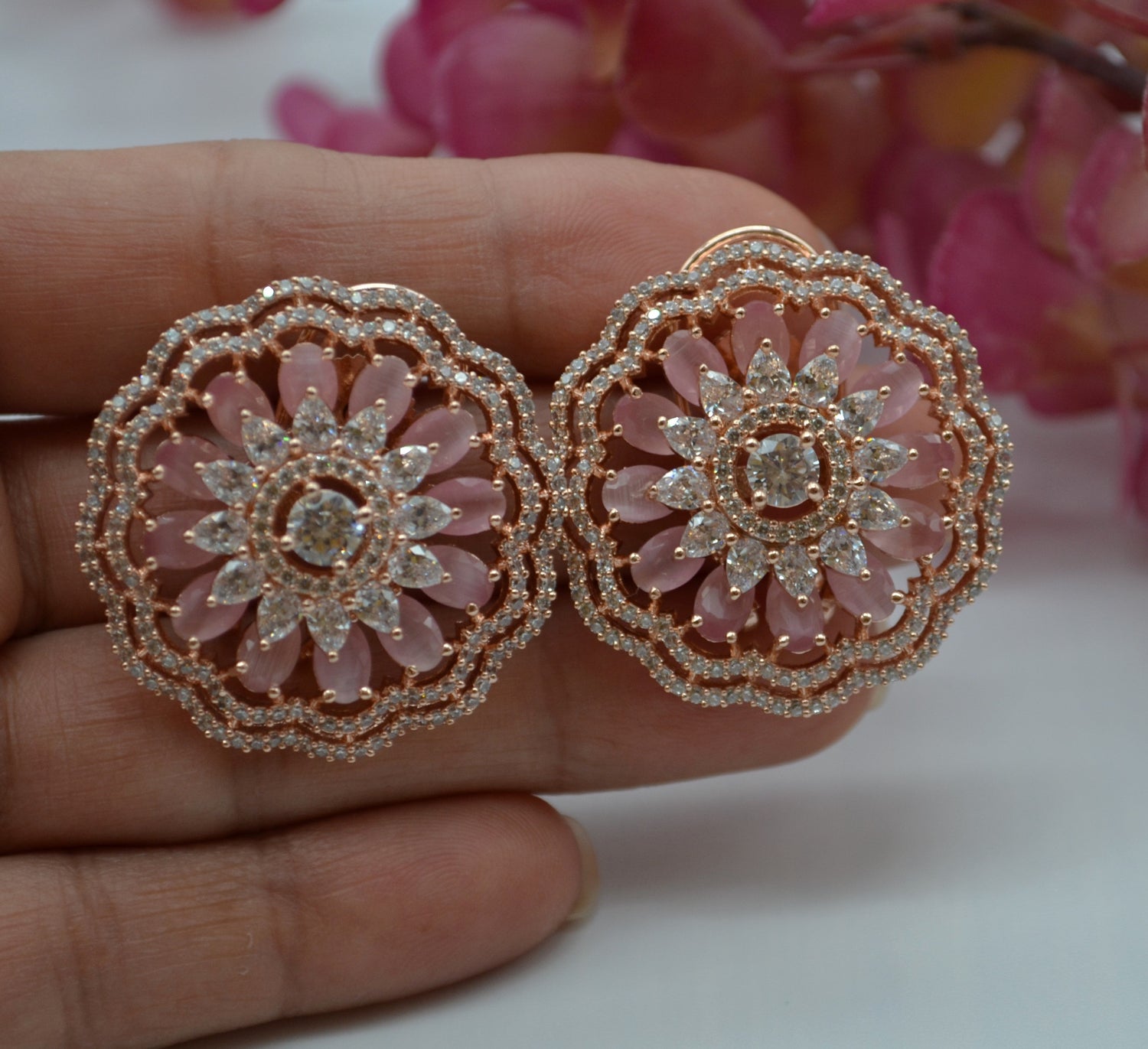 Gulsa Flower Cz Studded Studs With Monalisa Stones Earrings