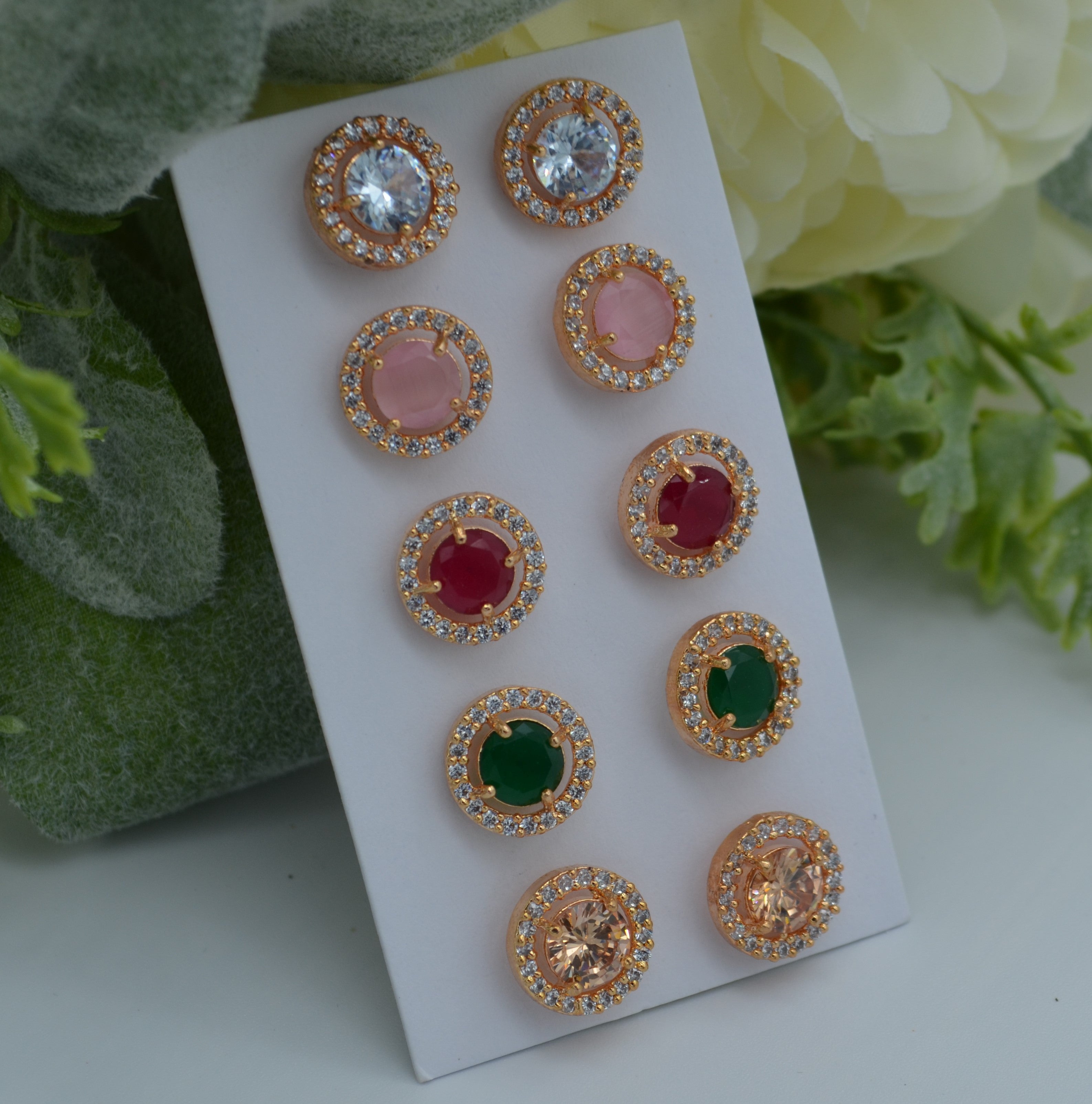 Cz Monalisa Stone Studs - Pack Of 5 Earrings