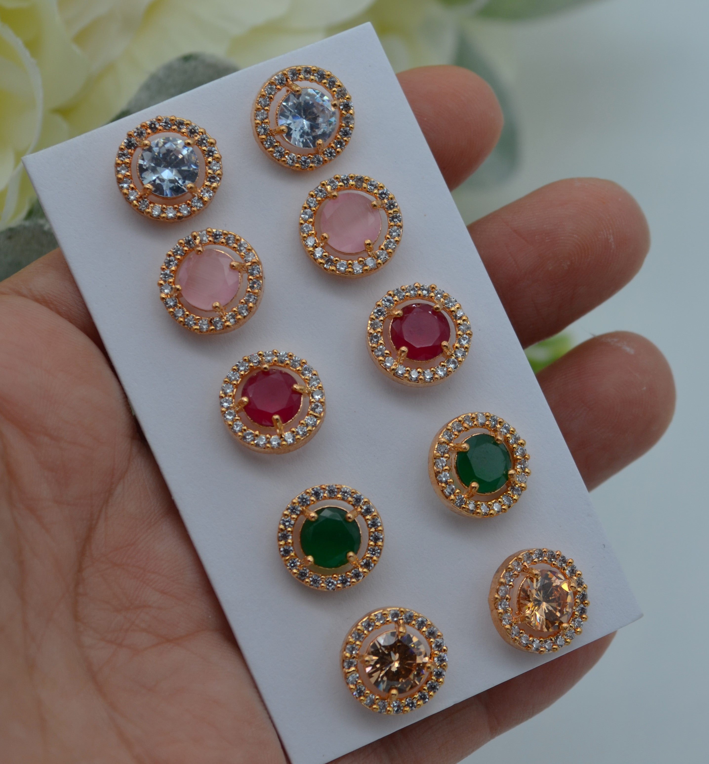 Cz Monalisa Stone Studs - Pack Of 5 Earrings