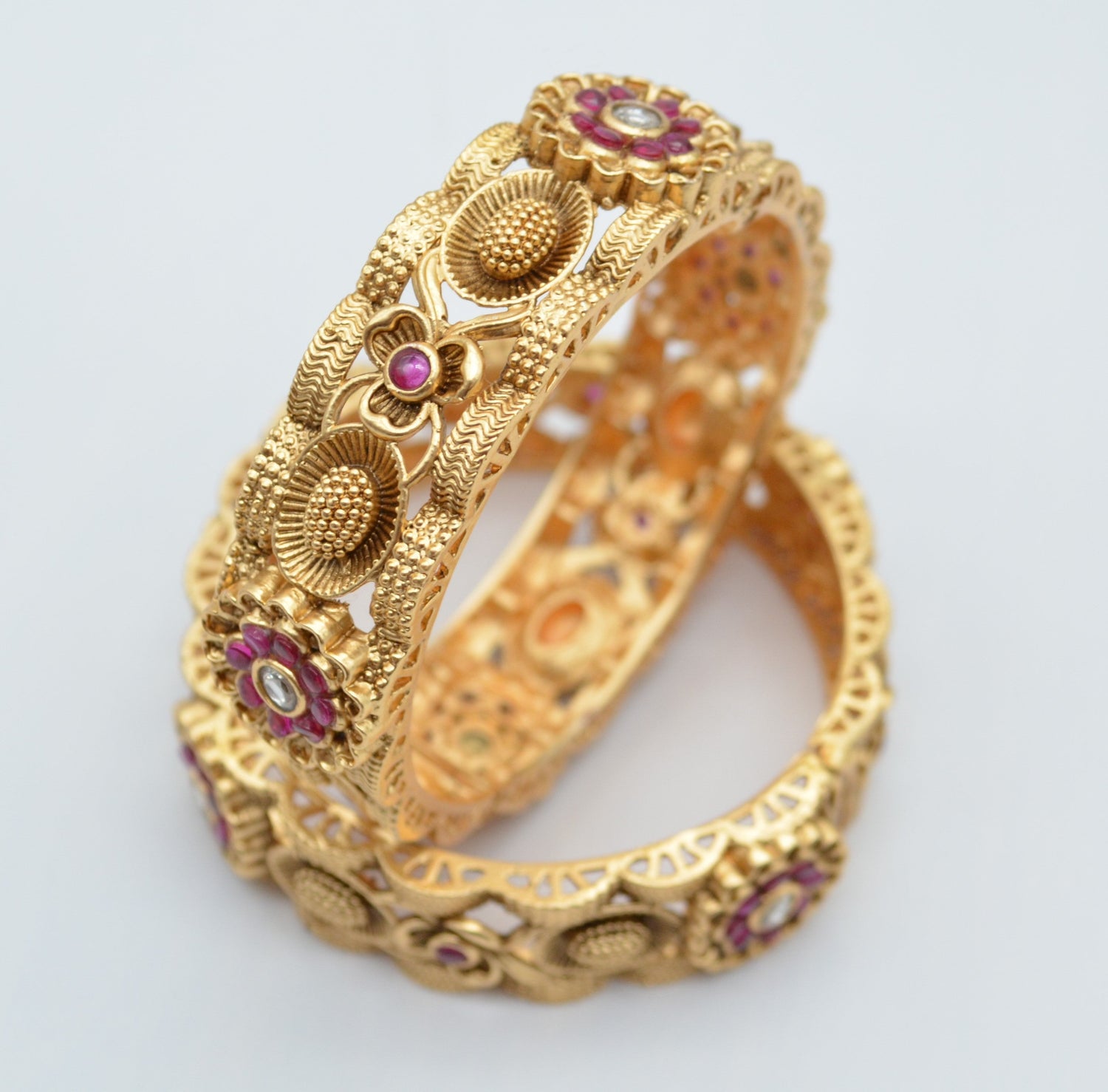 Openable Kundan Kada Flower Pattern - Single Or Pair Bangles