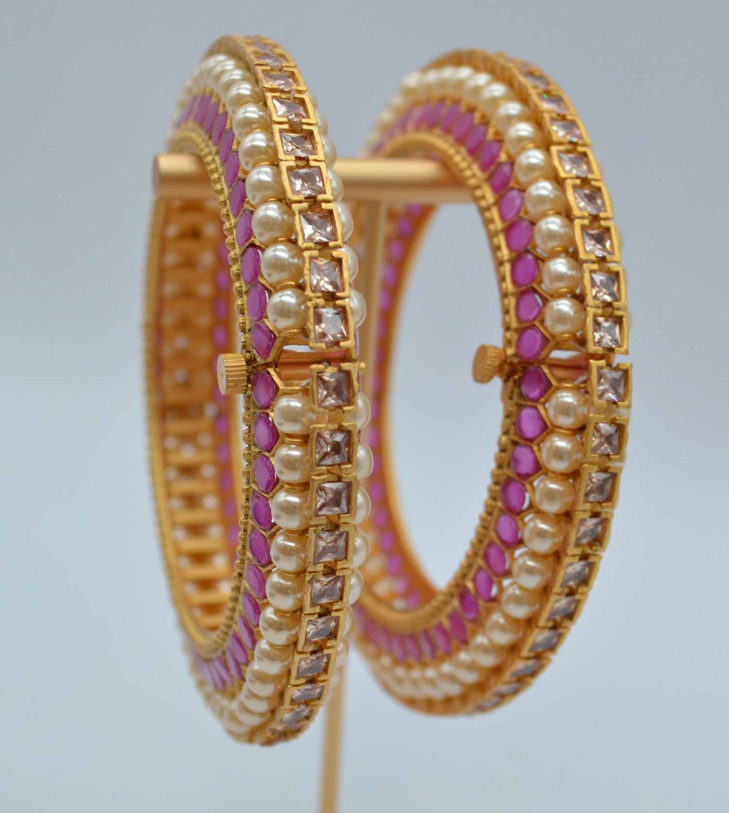 Traditional Kemp With Pearl Openable Pacheli Kada - Pair Bangles