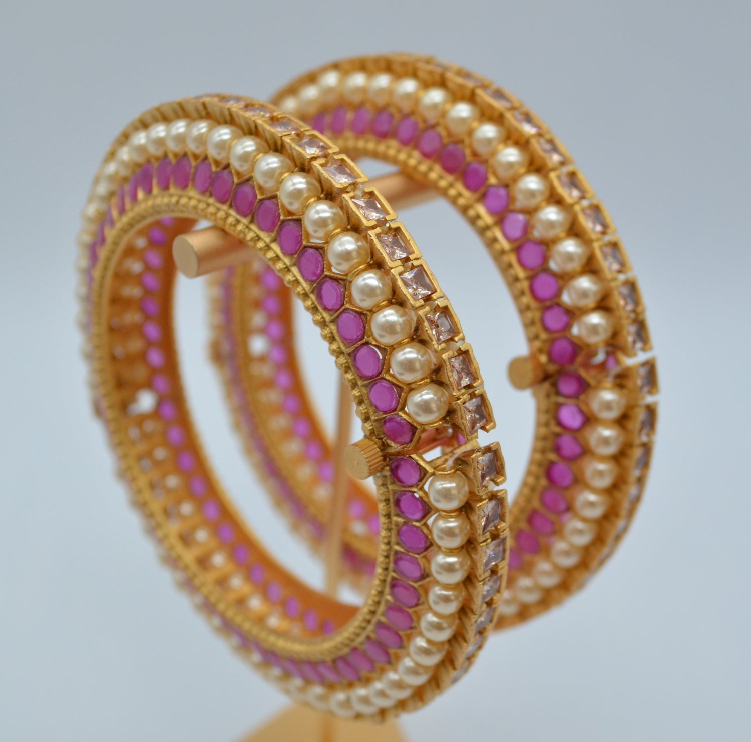 Traditional Kemp With Pearl Openable Pacheli Kada - Pair Bangles