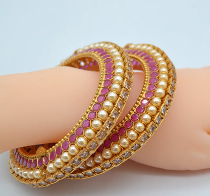 Traditional Kemp With Pearl Openable Pacheli Kada - Pair Bangles