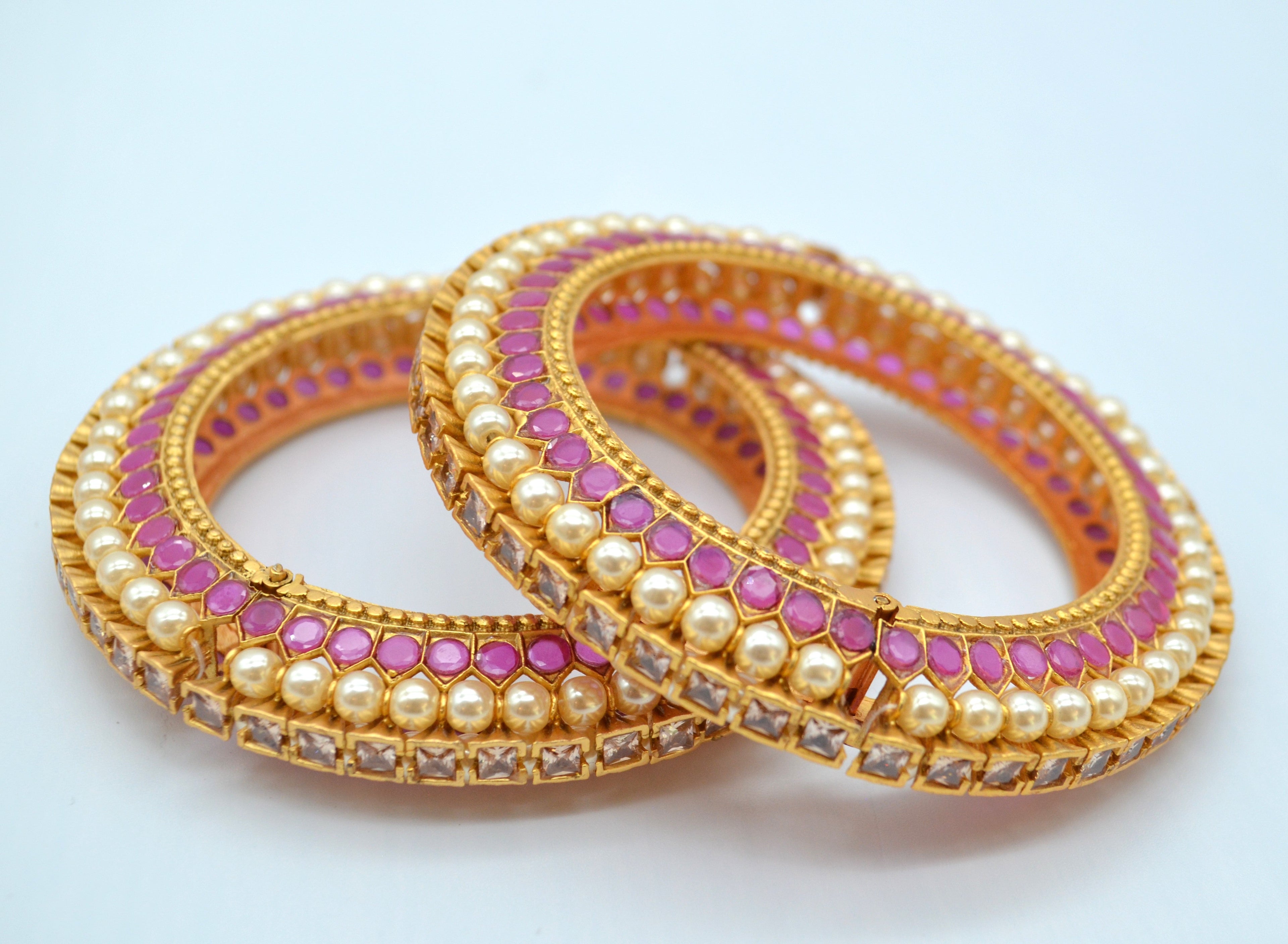 Traditional Kemp With Pearl Openable Pacheli Kada - Pair 2.8 Bangles