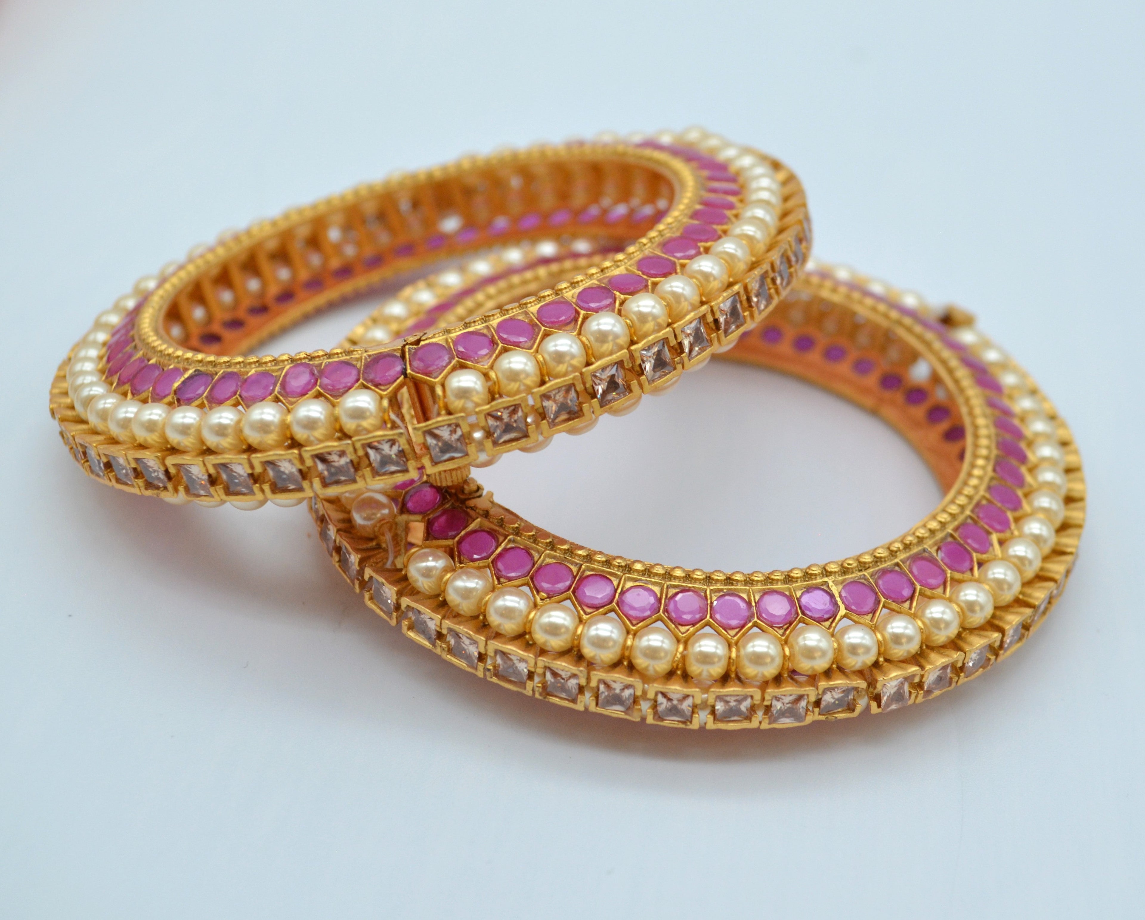 Traditional Kemp With Pearl Openable Pacheli Kada - Pair Bangles