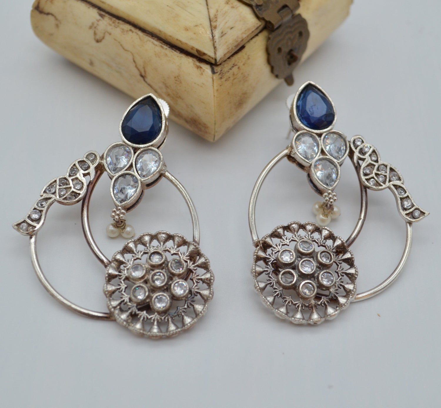 92.5 Silver Coated Statement Earrings Blue