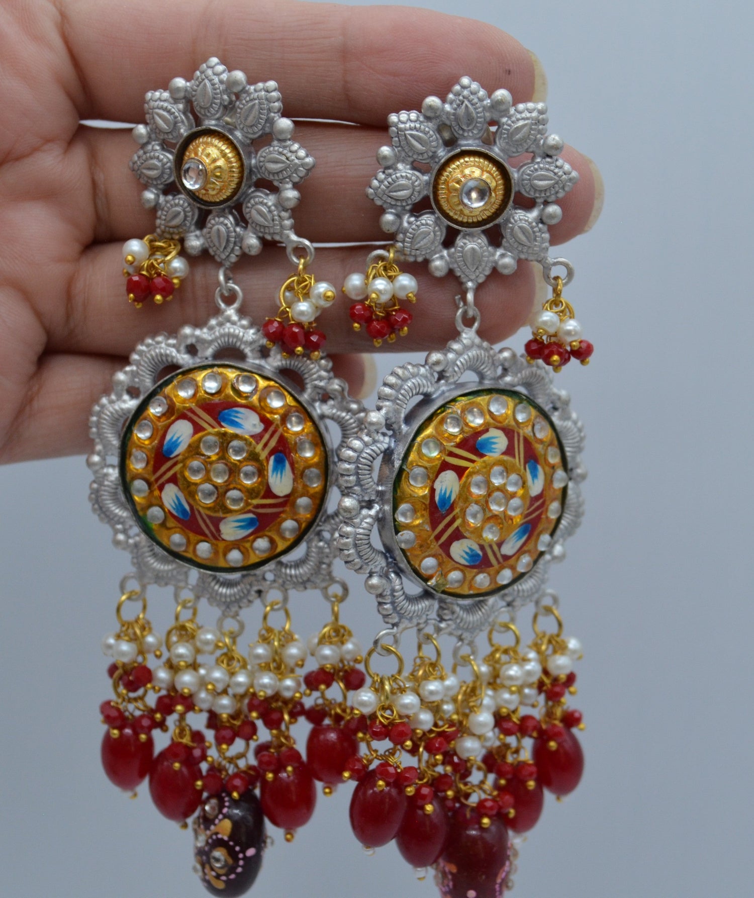 Meenakari 92.5 Silver Coated Big Statement Earrings