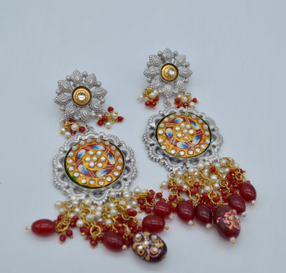 Meenakari 92.5 Silver Coated Big Statement Earrings Maroon