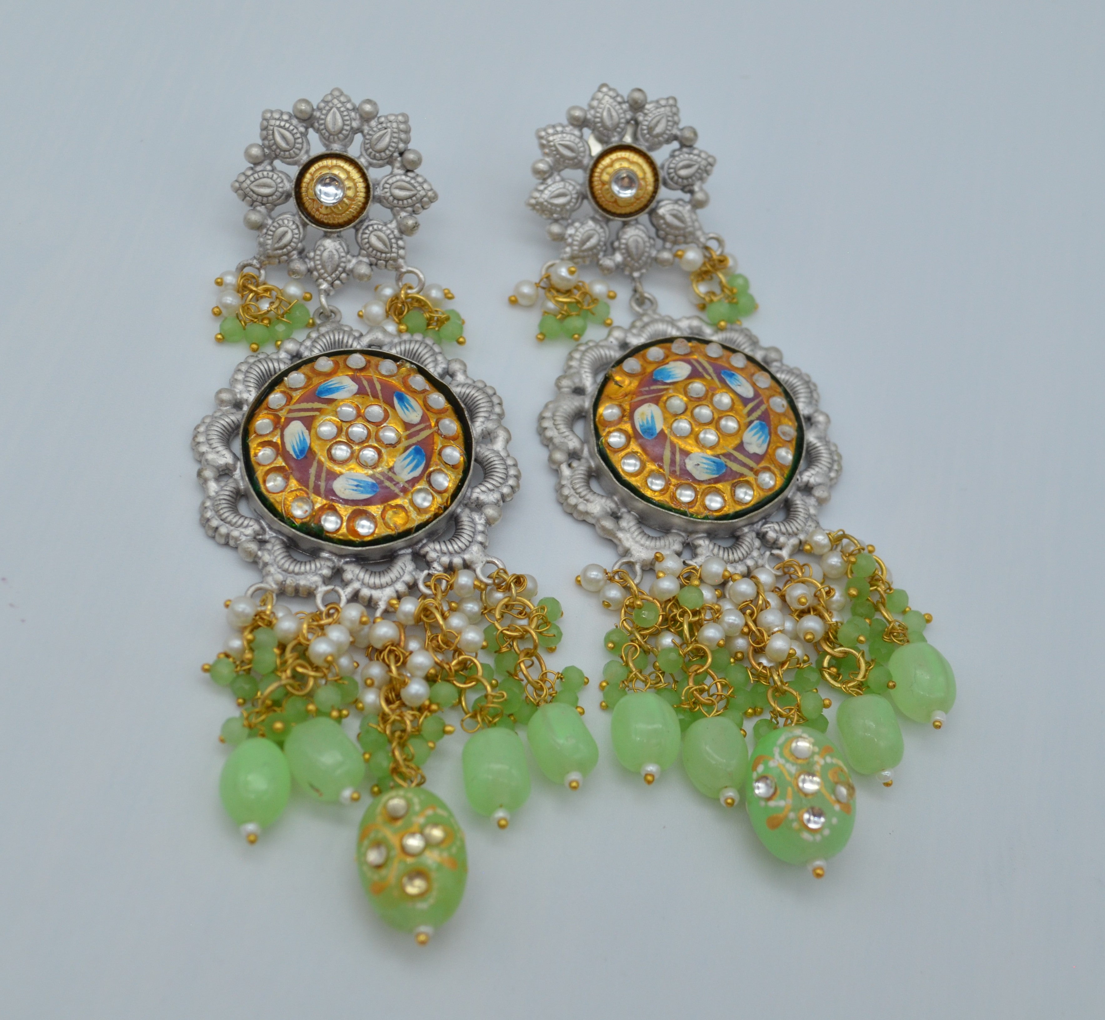 Meenakari 92.5 Silver Coated Big Statement Earrings Green