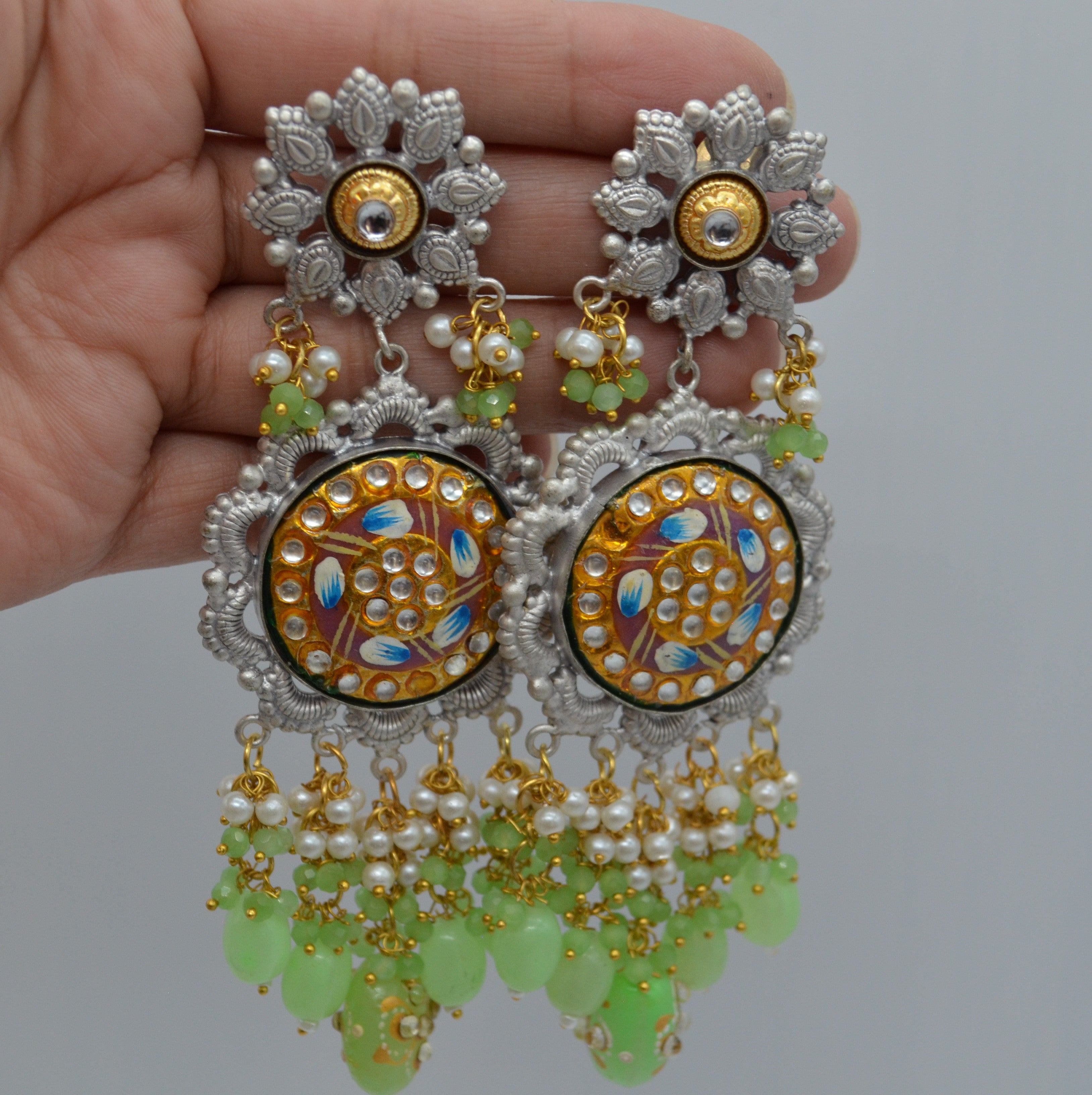 Meenakari 92.5 Silver Coated Big Statement Earrings