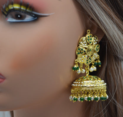 Naaz Jadau Jhumki Earring - Green Earrings