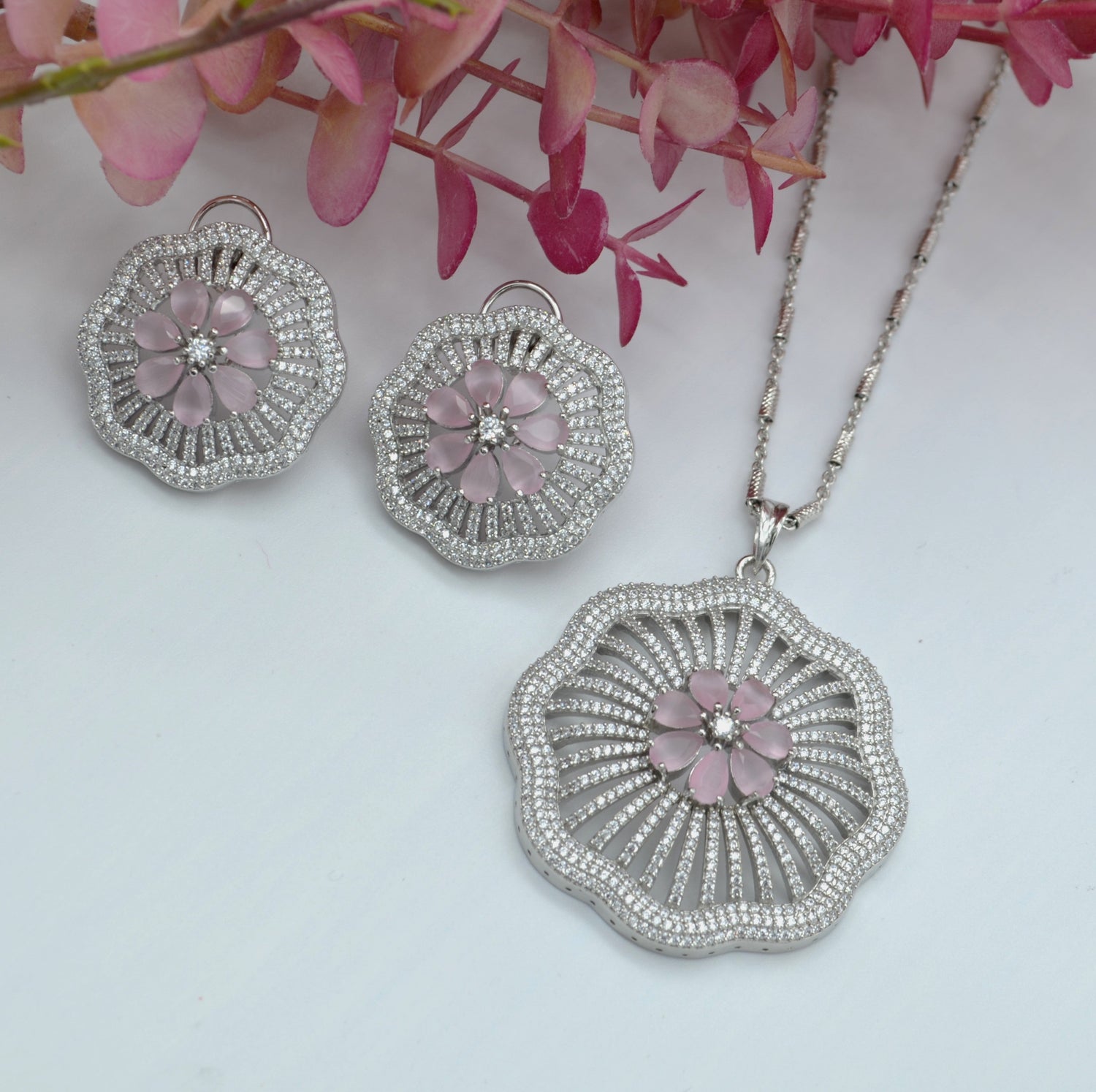 Gulshan Large Pave Flower Pendant Set - Silver Finish Necklaces