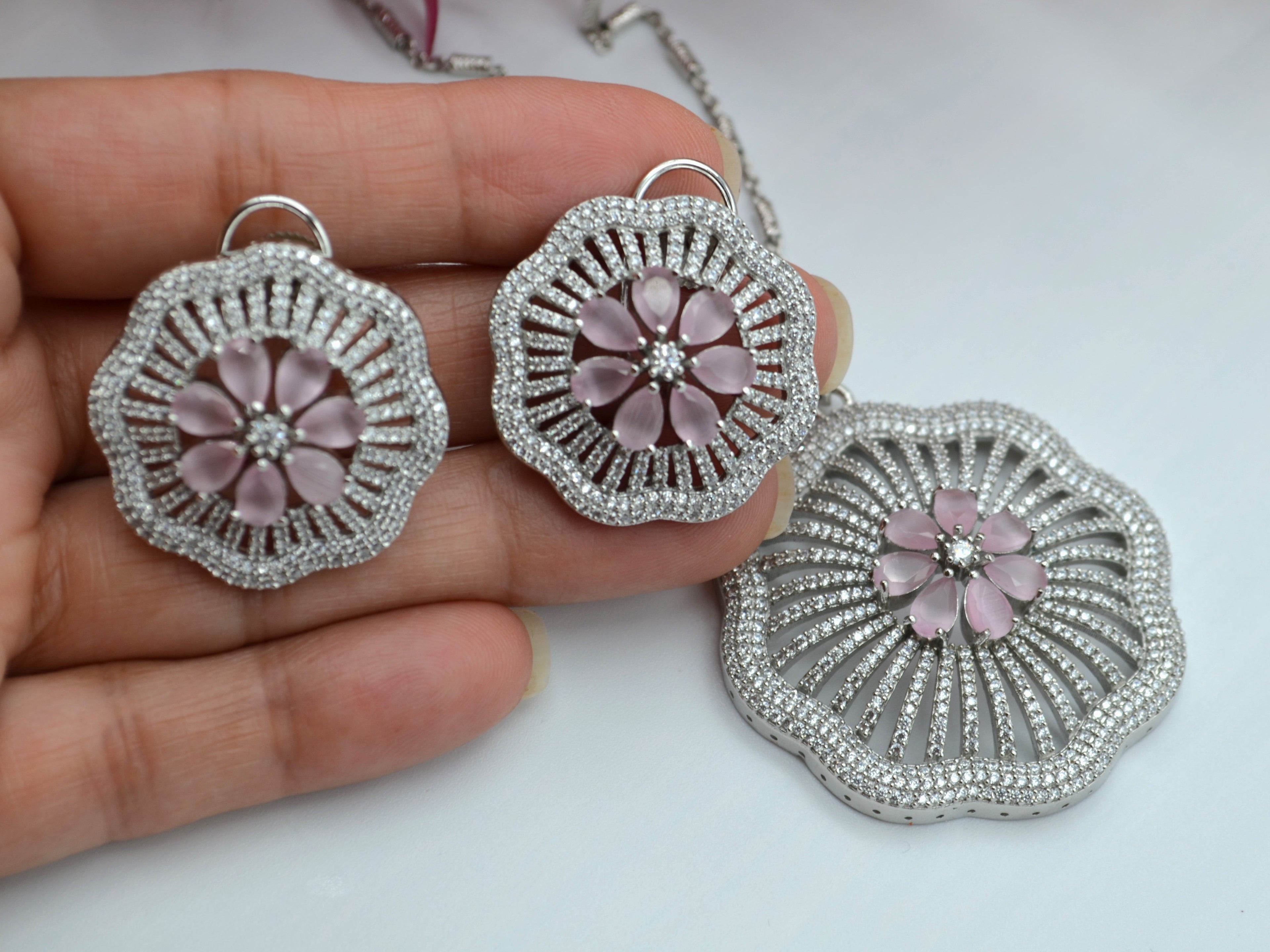 Gulshan Large Pave Flower Pendant Set - Silver Finish Necklaces