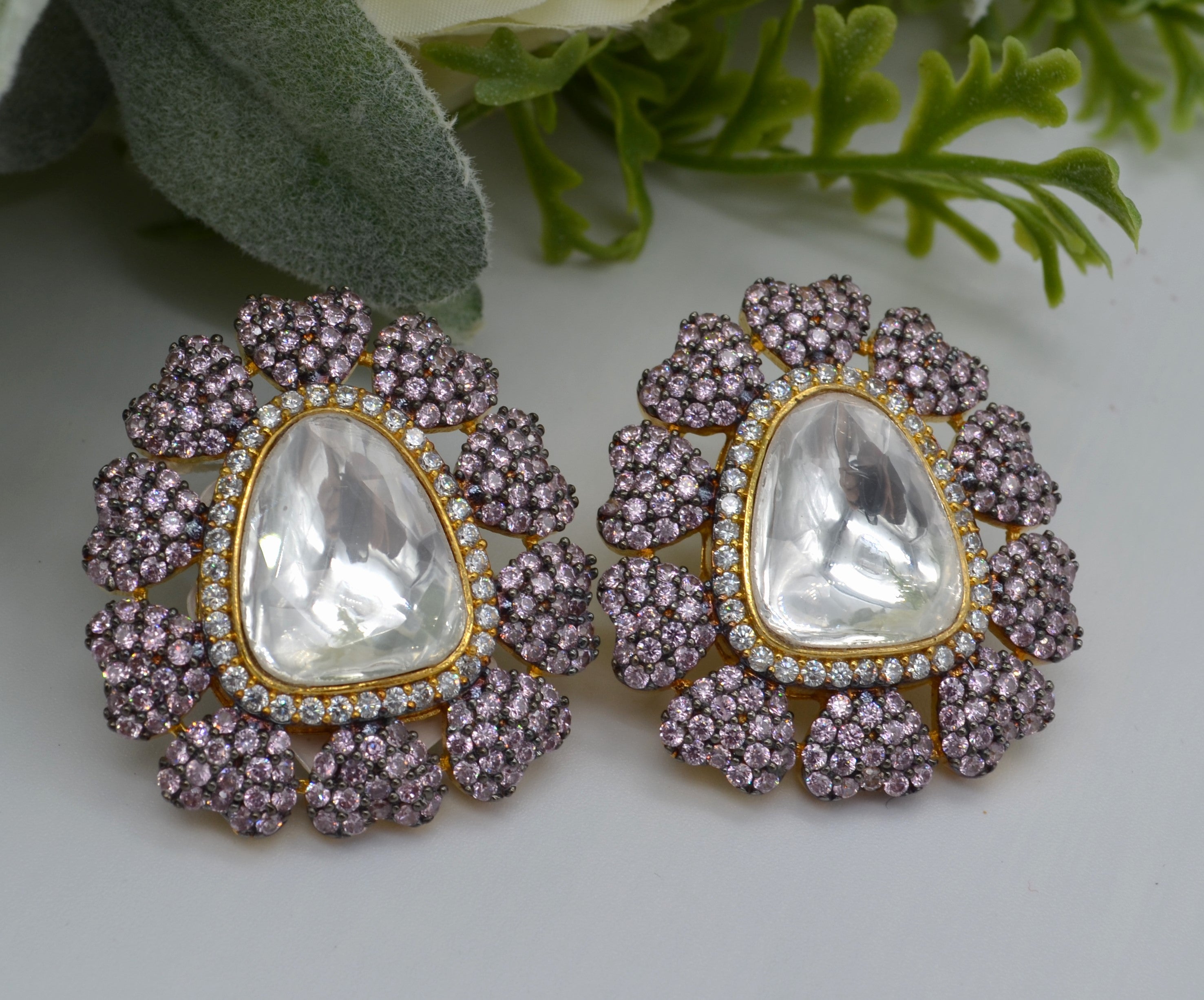 Uncut Kundan Oversized Studs Pink Earrings