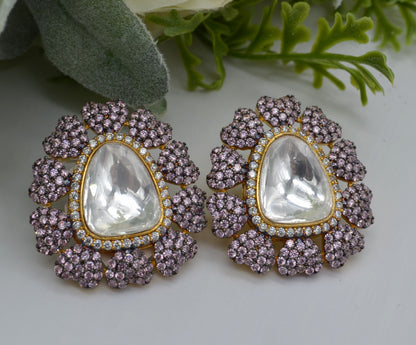 Uncut Kundan Oversized Studs Pink Earrings