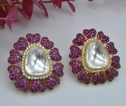 Uncut Kundan Oversized Studs Ruby Earrings