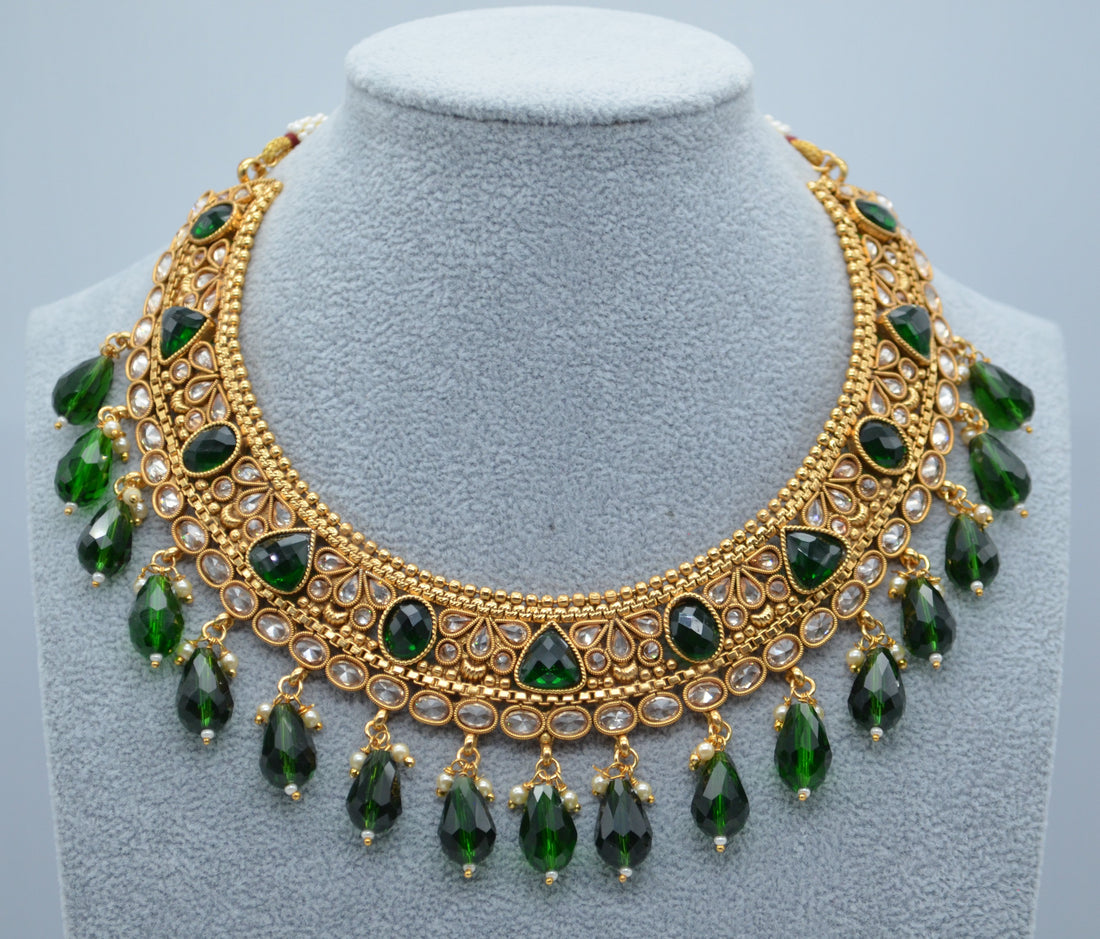 Bottle Green - Polki Kundan Necklace Set With Maang Teeka Necklace