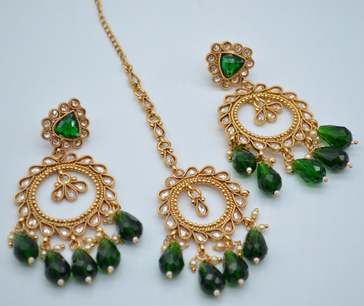 Bottle Green - Polki Kundan Necklace Set With Maang Teeka Necklace