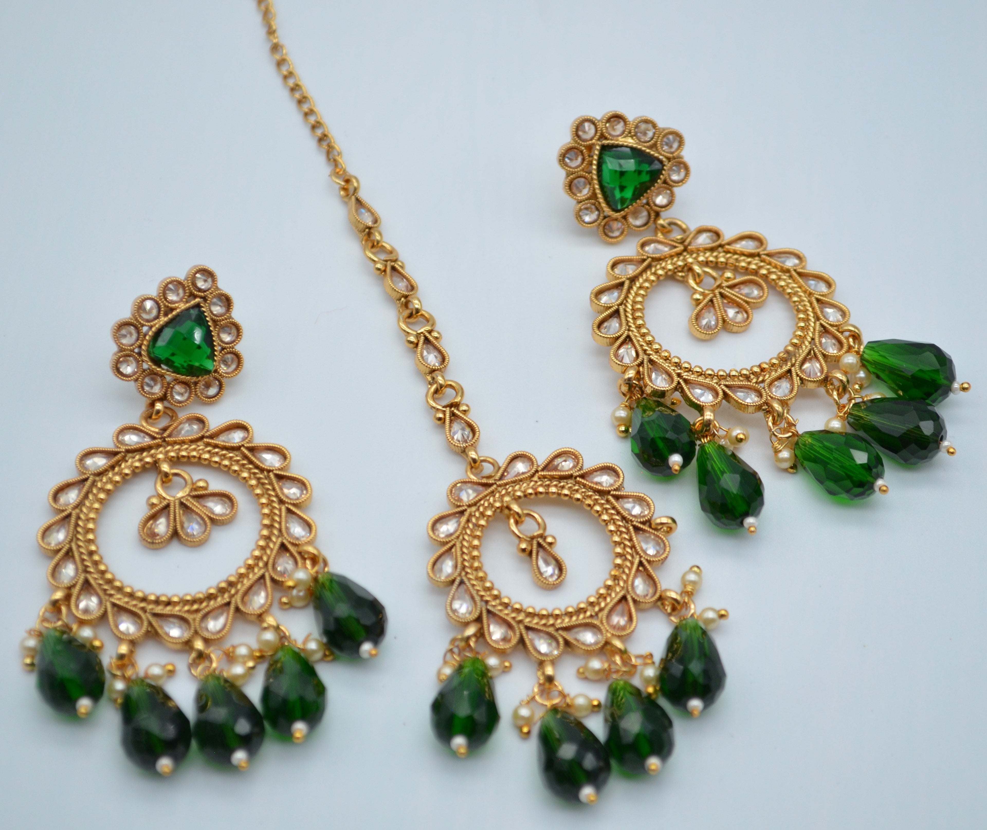 Bottle Green - Polki Kundan Necklace Set With Maang Teeka Necklace