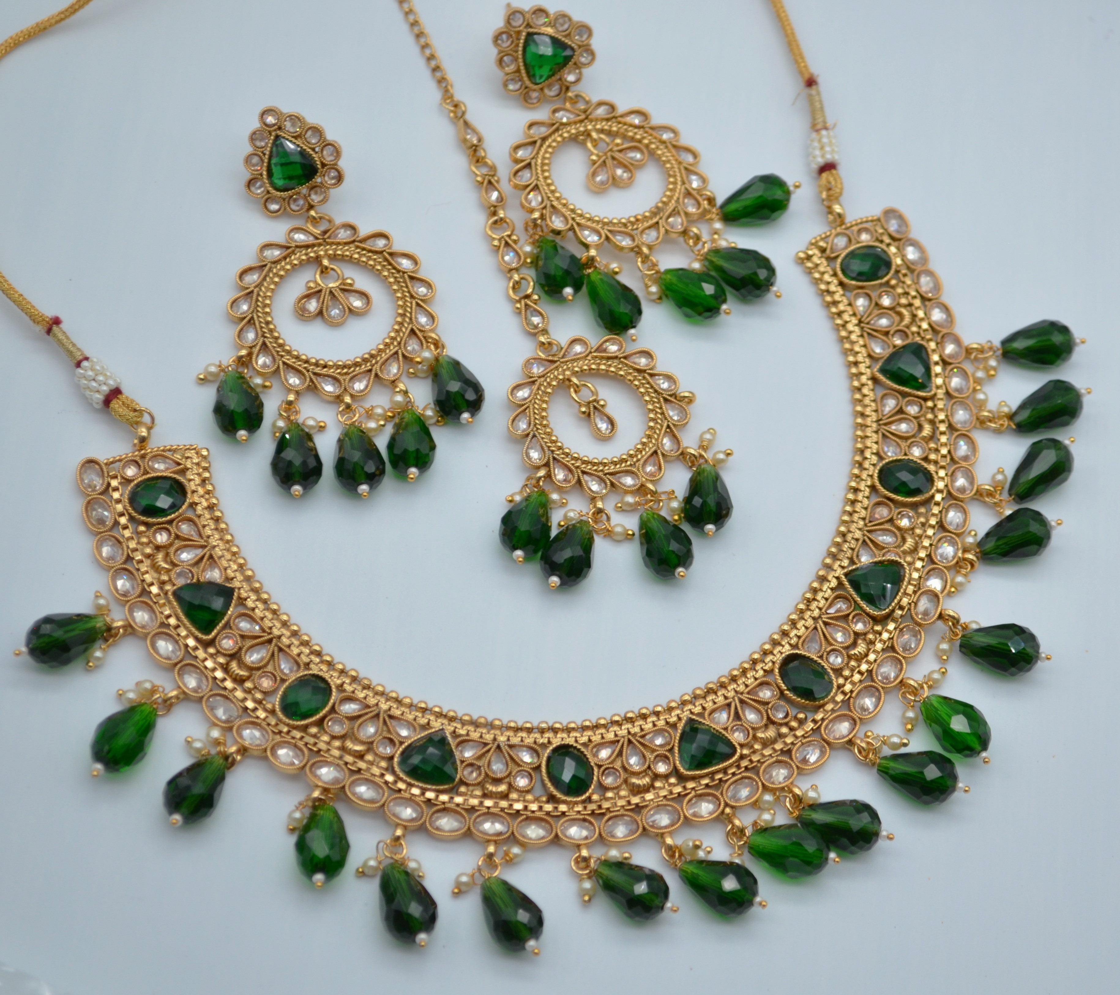 Bottle Green - Polki Kundan Necklace Set With Maang Teeka Necklace