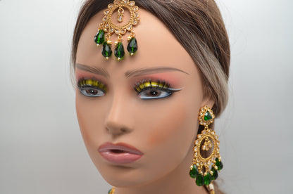 Bottle Green - Polki Kundan Necklace Set With Maang Teeka Necklace