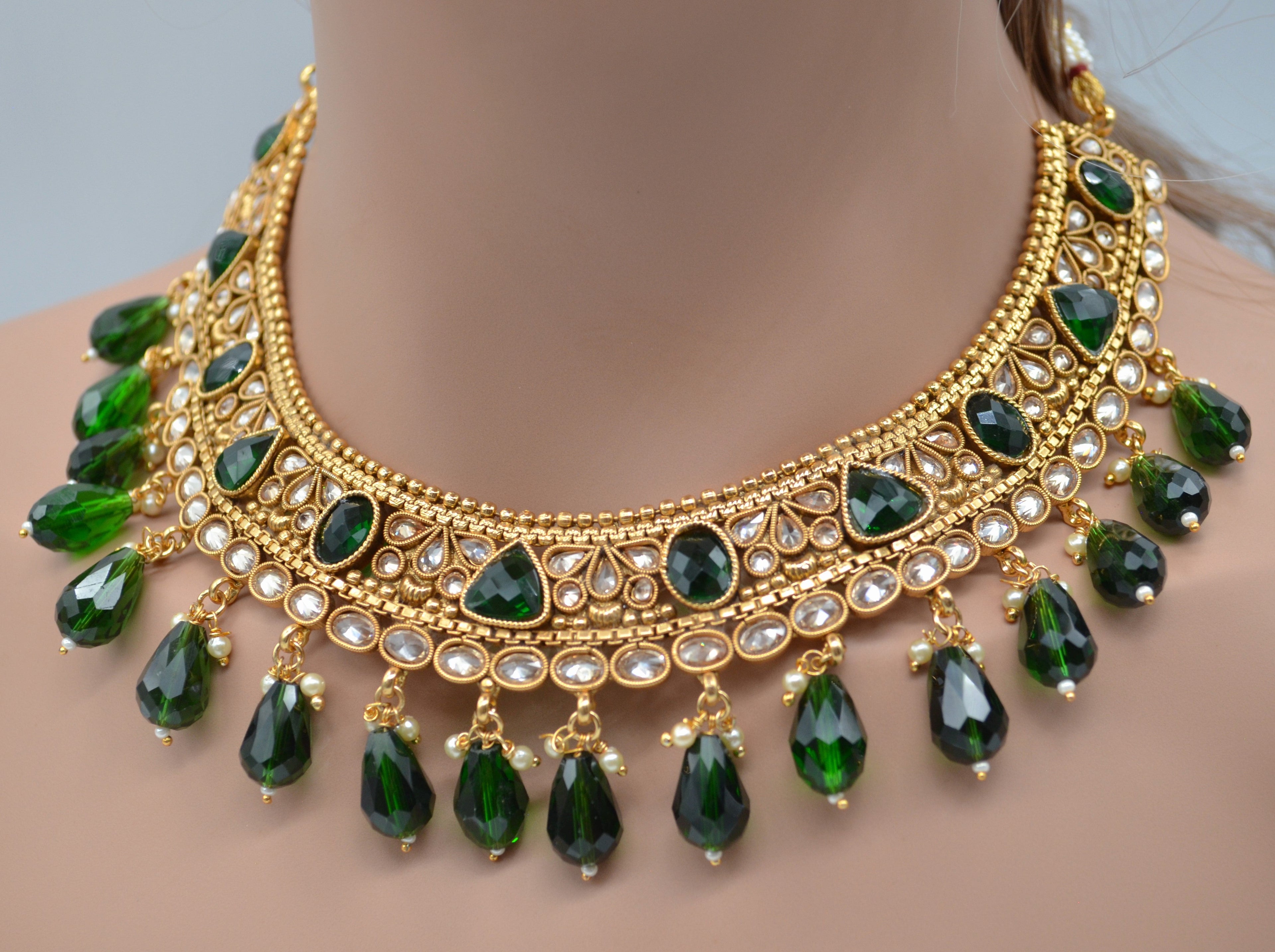 Bottle Green - Polki Kundan Necklace Set With Maang Teeka Necklace