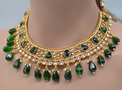 Bottle Green - Polki Kundan Necklace Set With Maang Teeka Necklace