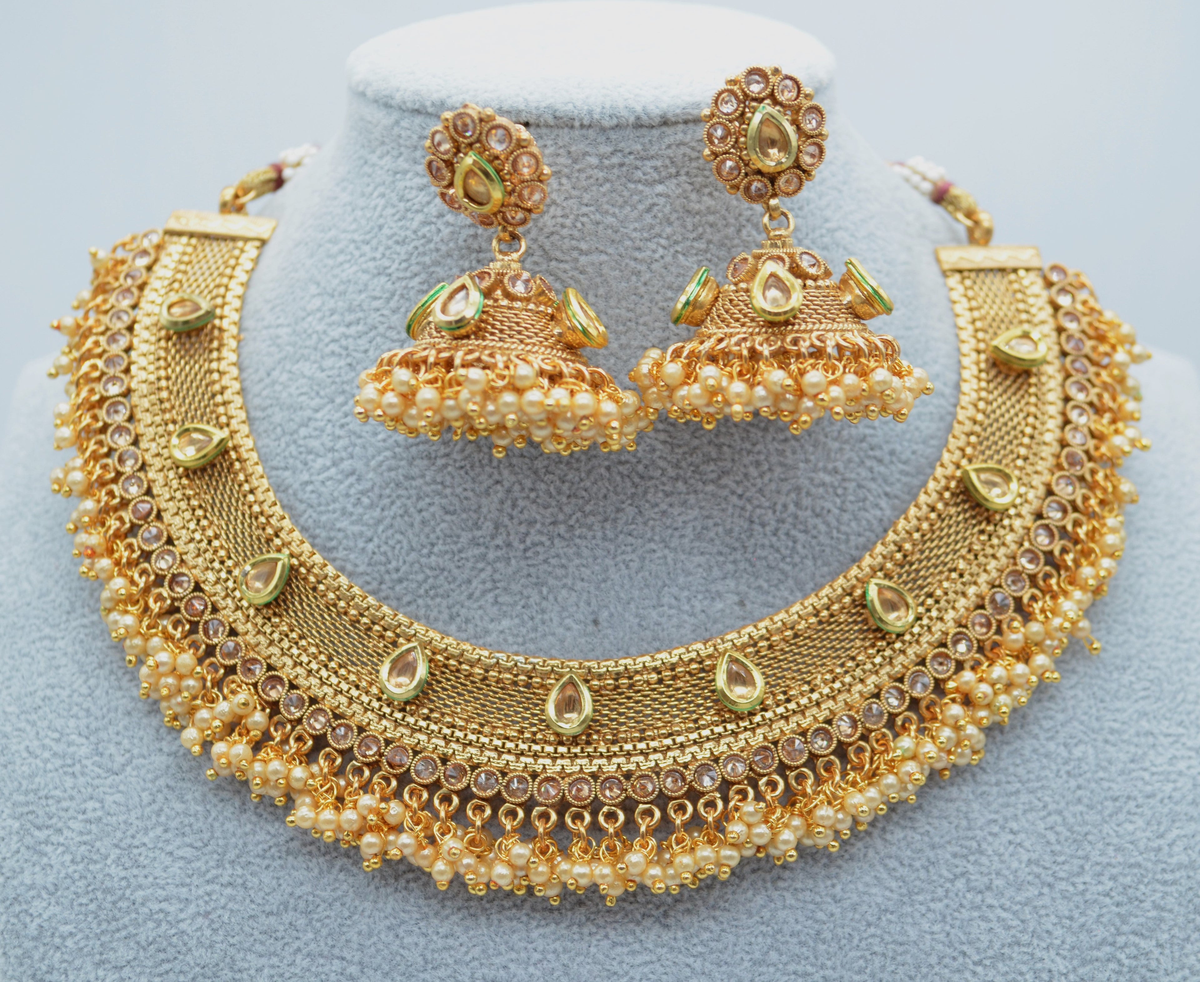 Kundan Gold Pearl Cluster Necklace Set With Jhumki Necklaces